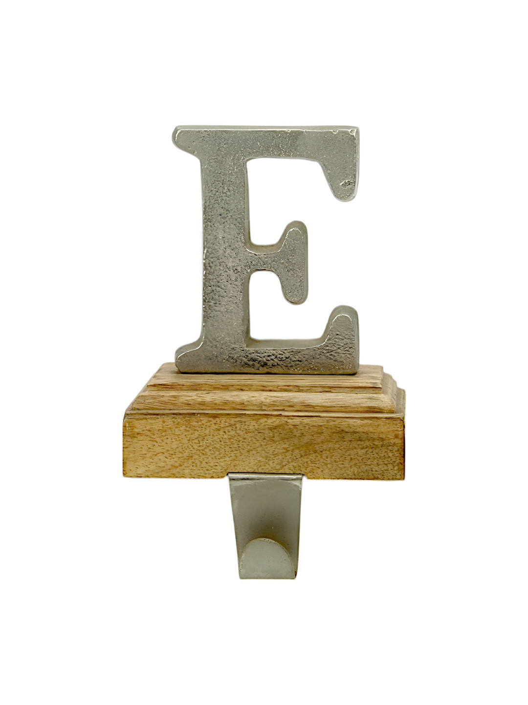 Hind Decor Silver-Toned & Brown Aluminum 'E' Letter Wooden Base Stocking Holder