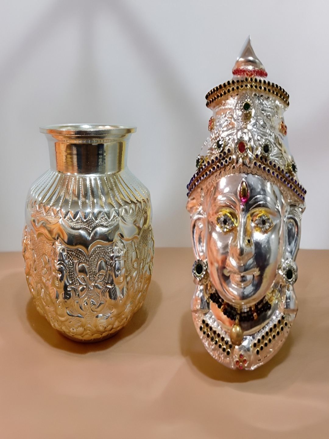 Sigaram 2 Pieces Silver Toned Kalash & Lakshmi Face Mukoot German Silver Pooja Essential