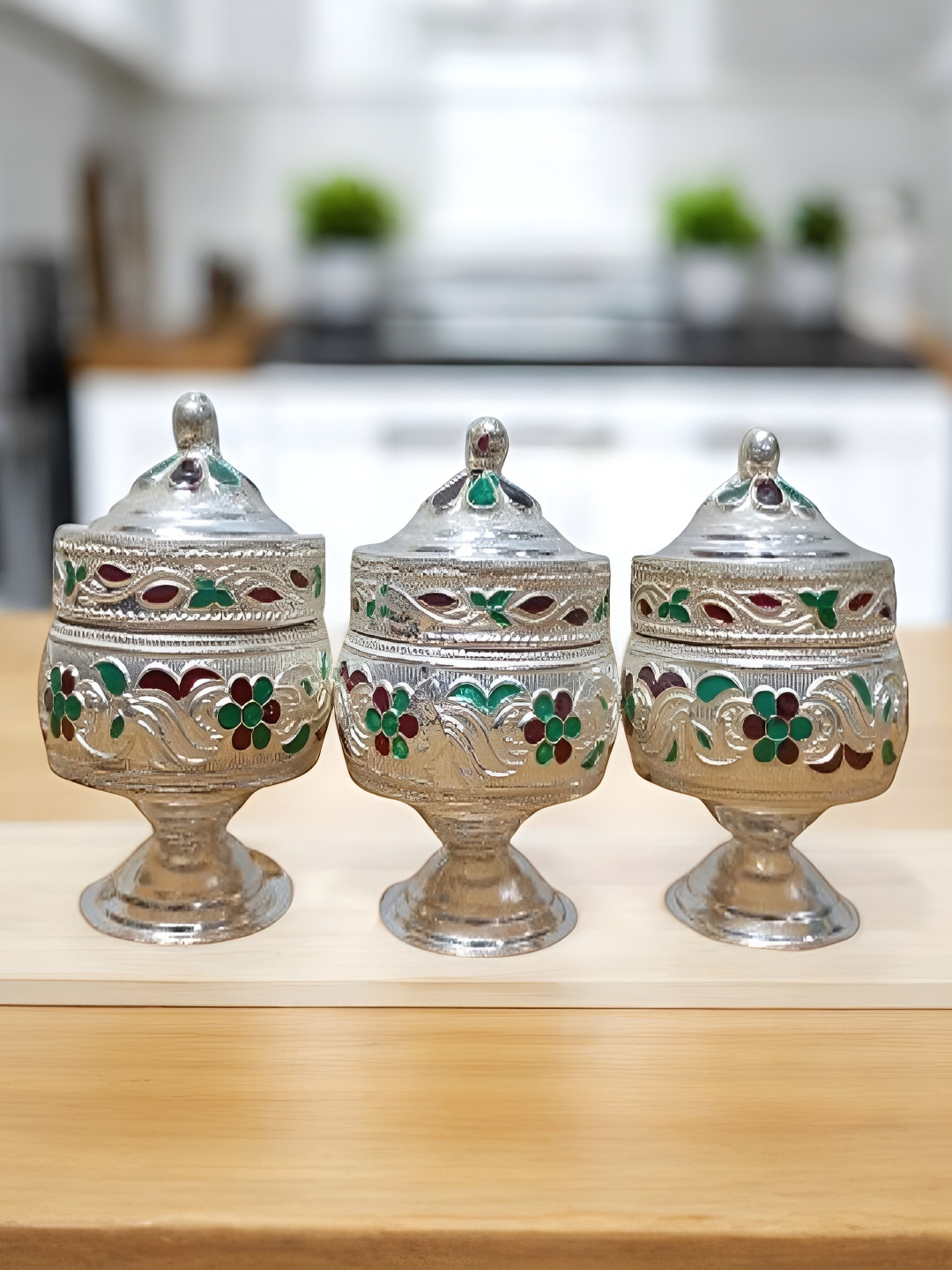 Sigaram Silver-Toned 3 Pieces Intricated Design Sindoor Kum Kum Dabbi