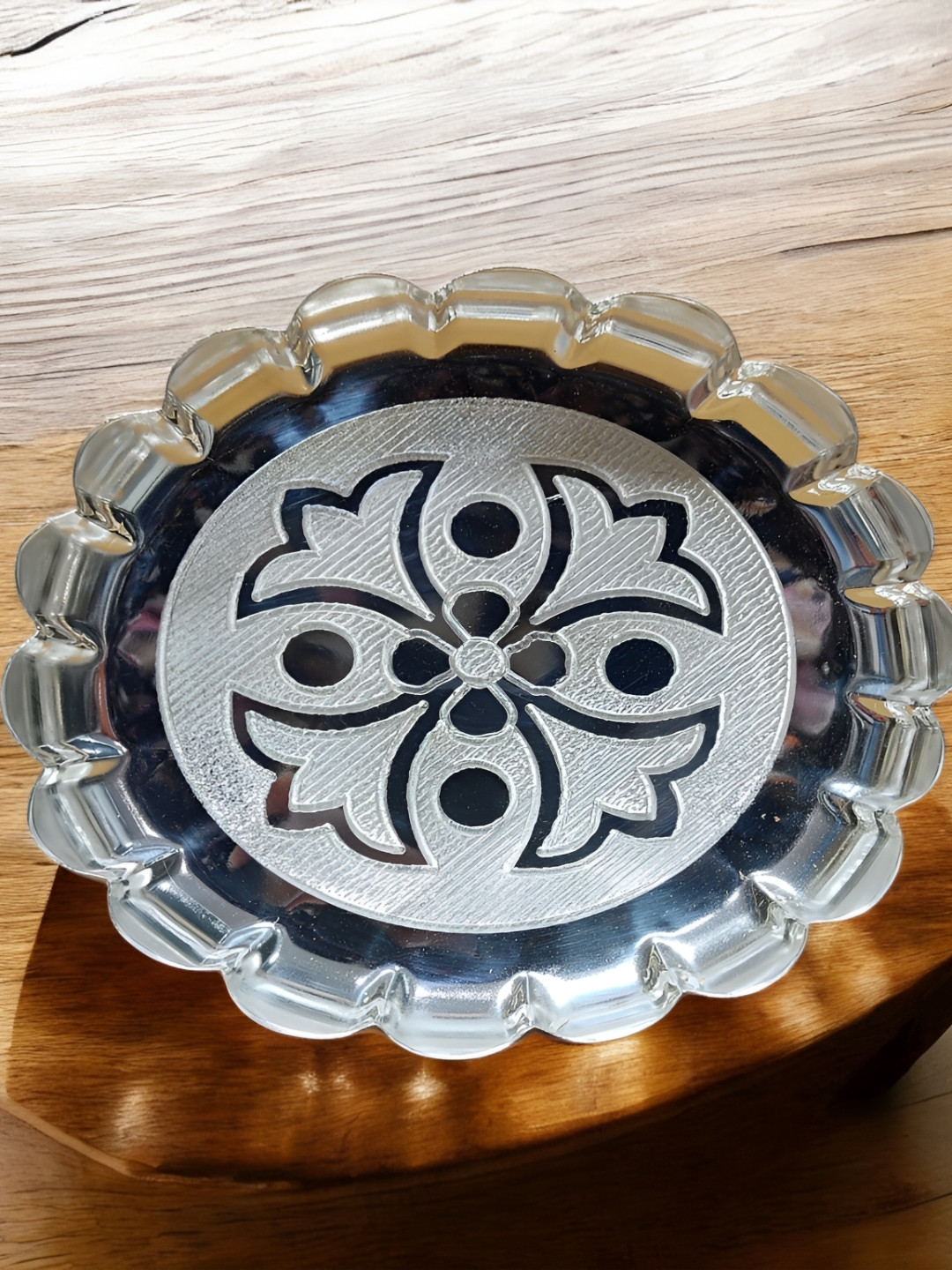 Sigaram Pooja Articles Silver-Toned German Silver Floral Designed Plate With Leg