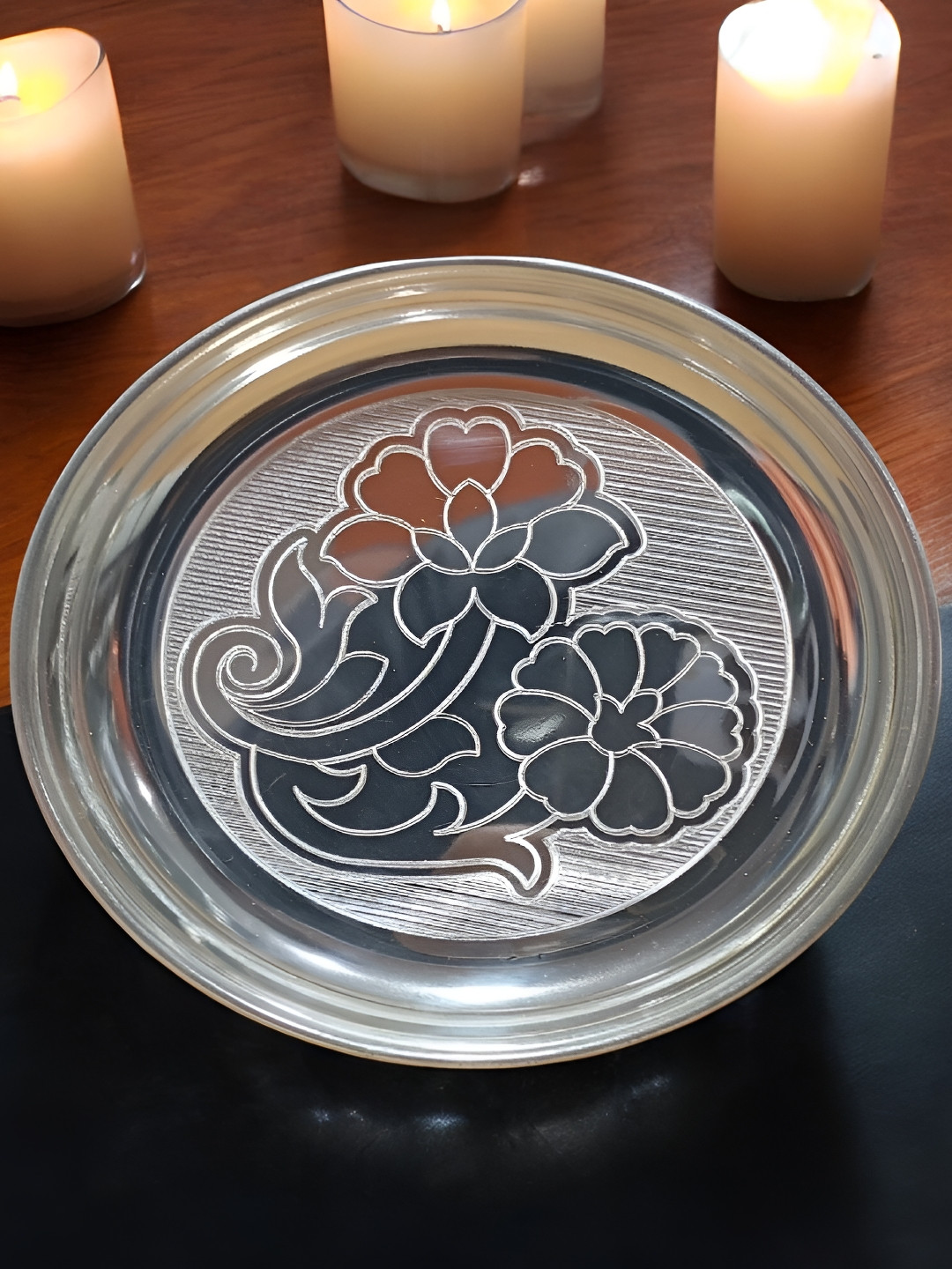 Sigaram Pooja Articles Silver-Toned German Silver Textured Floral Design Plate For Pooja