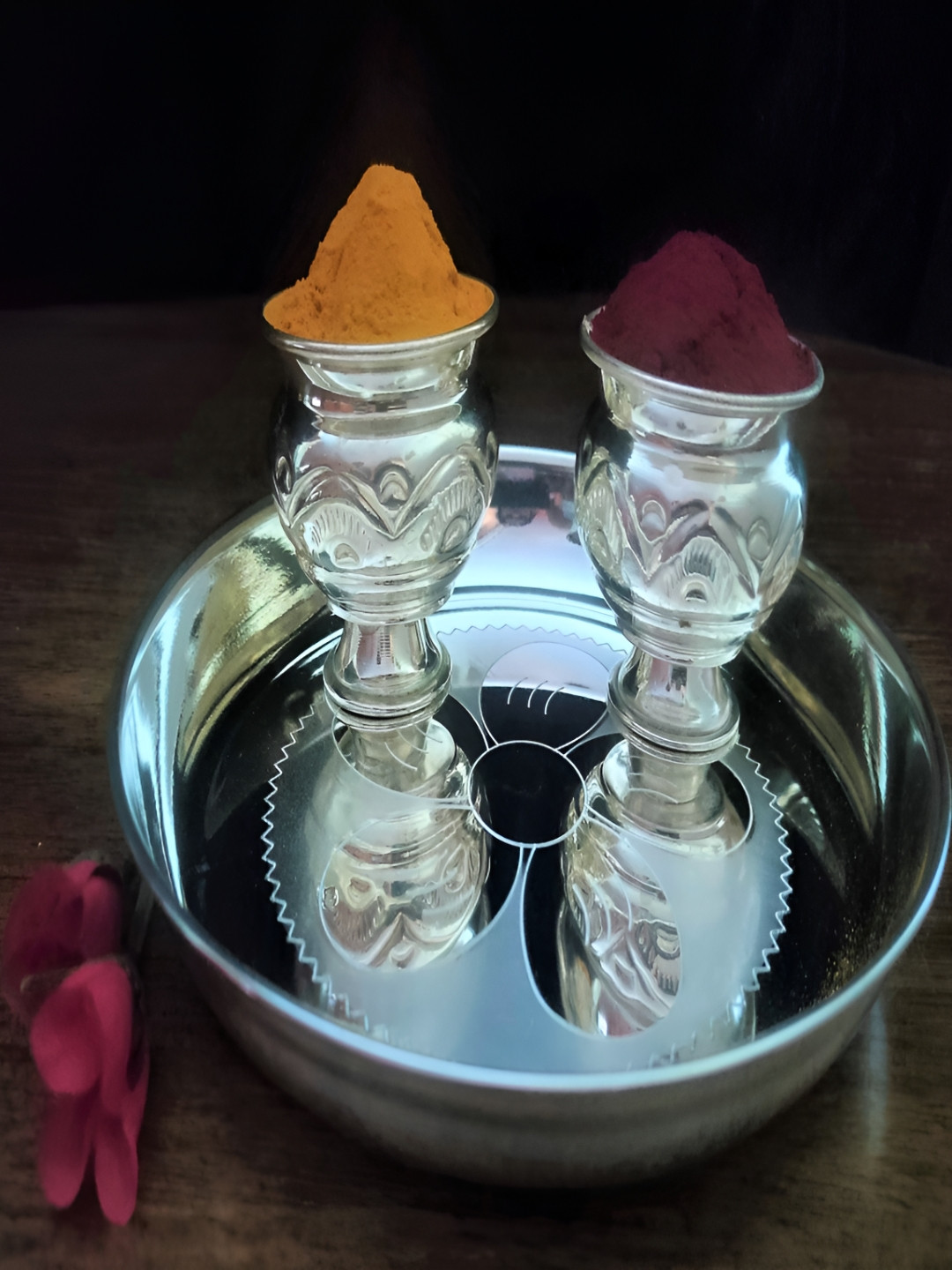 Sigaram 3 Pieces German Silver Round Plate & Kum Kum Cup