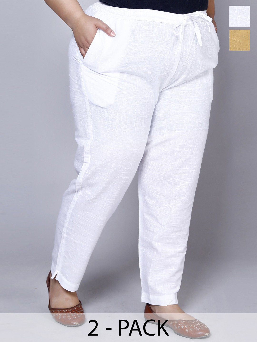 Prin Fashion House Women Pack Of 2 Cotton Plus Size Relaxed Straight Leg Trousers