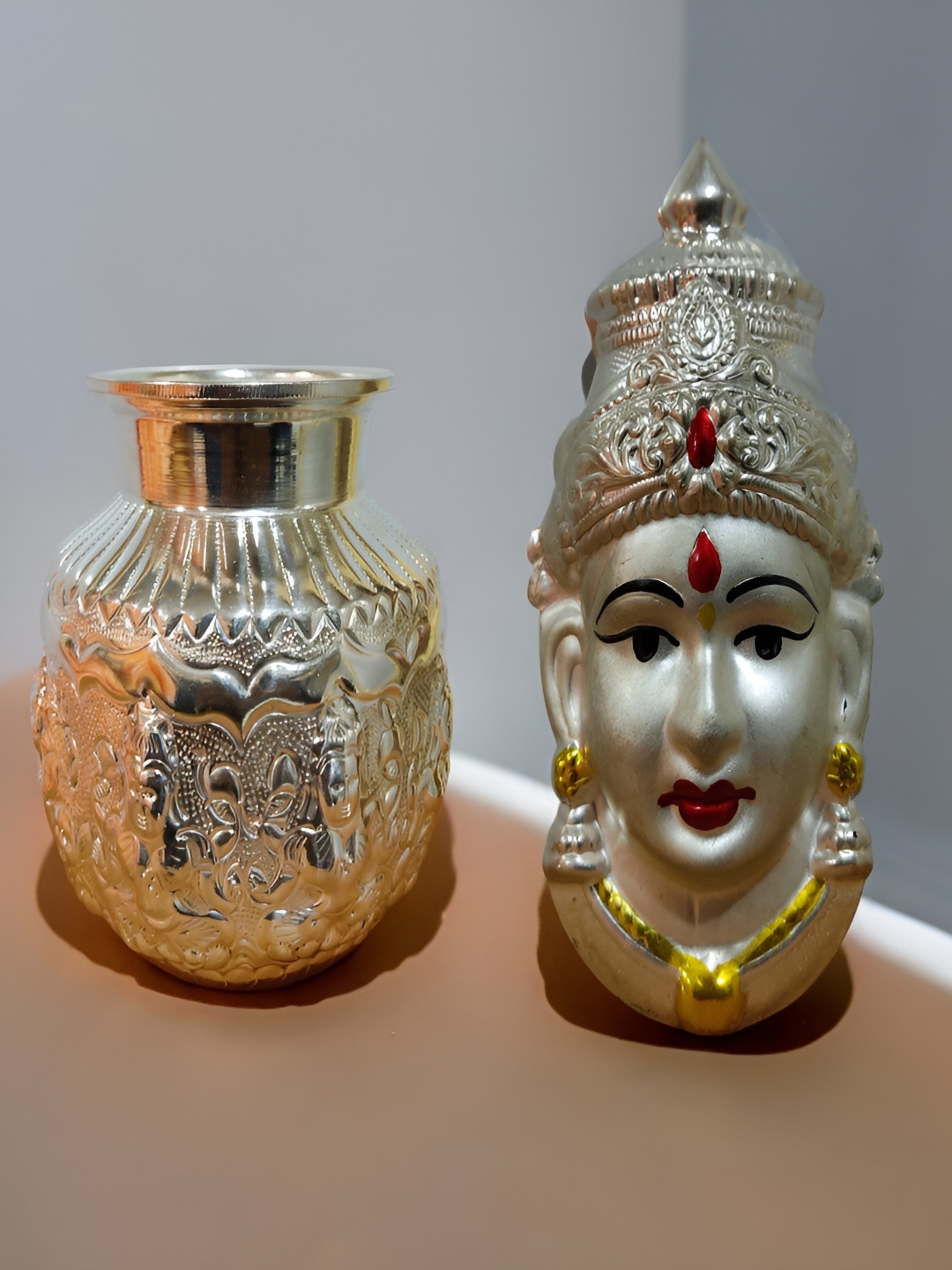Sigaram Pooja Articles Silver-Toned 2 Pieces German Silver Kalash & Lakshmi Face Mukoota