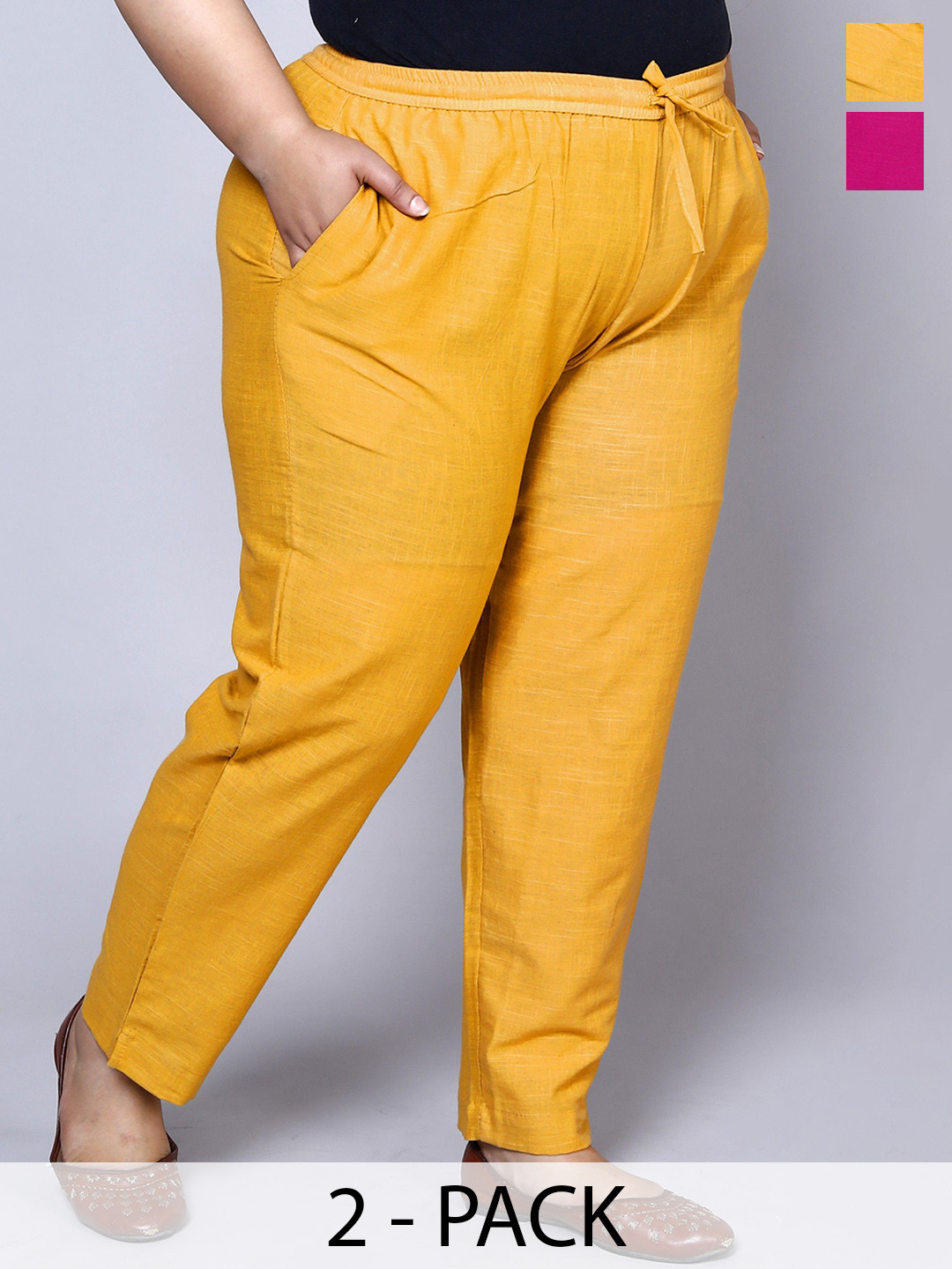 Prin Fashion House Women Plus Size Pack Of 2 Relaxed Straight Leg Fit Cotton Trousers