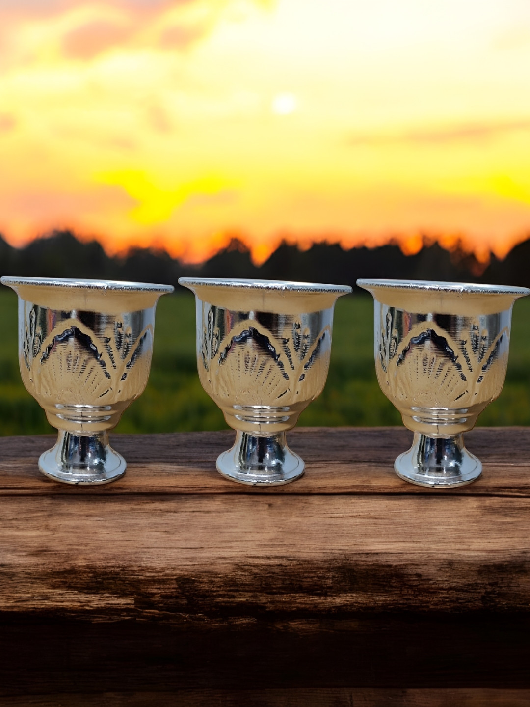 Sigaram Pooja Articles Silver-Toned 3 Pieces German Silver Textured Pooja Thali Cups