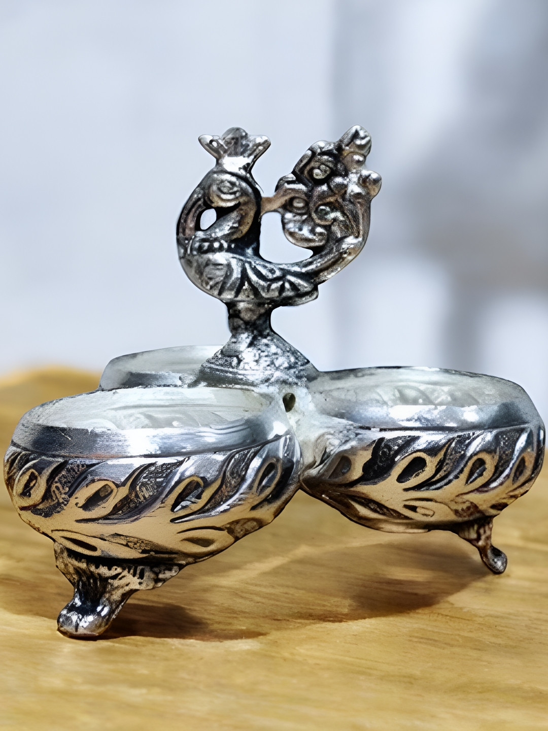 Sigaram Silver-Toned Antique German Silver 3 Cup Panchwala Kum Kum Cup Pooja Essential