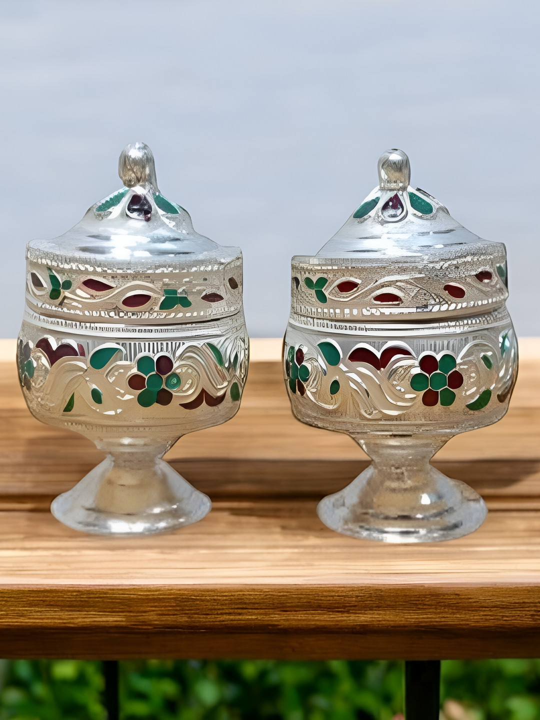 Sigaram Pooja Articles Silver-Toned & Green 2 Pieces Textured Sindoor Kum Kum Dabbi