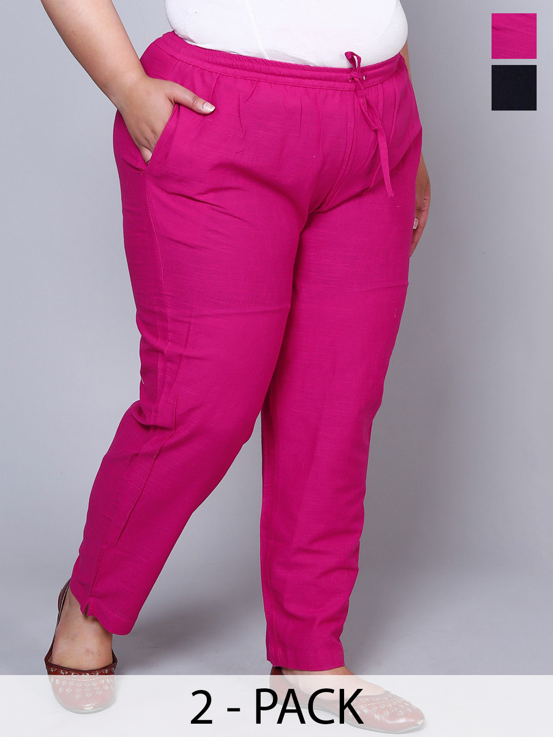 Prin Fashion House Women Pack Of 2 Plus Size Relaxed Straight Leg Pure Cotton Trousers