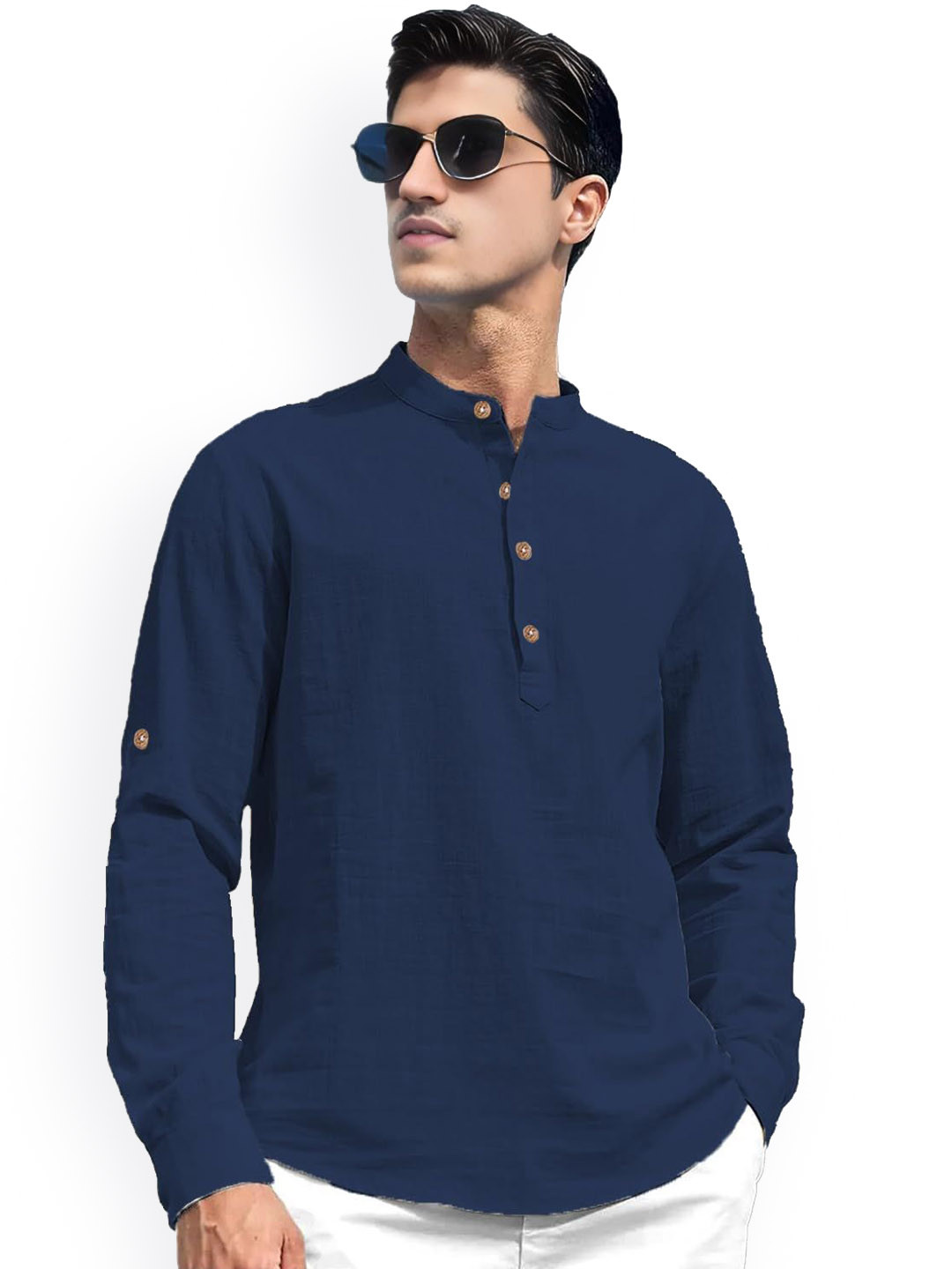 Vida Loca Band Collar Roll-Up Sleeves Pure Cotton Slim Fit Straight Short Kurta