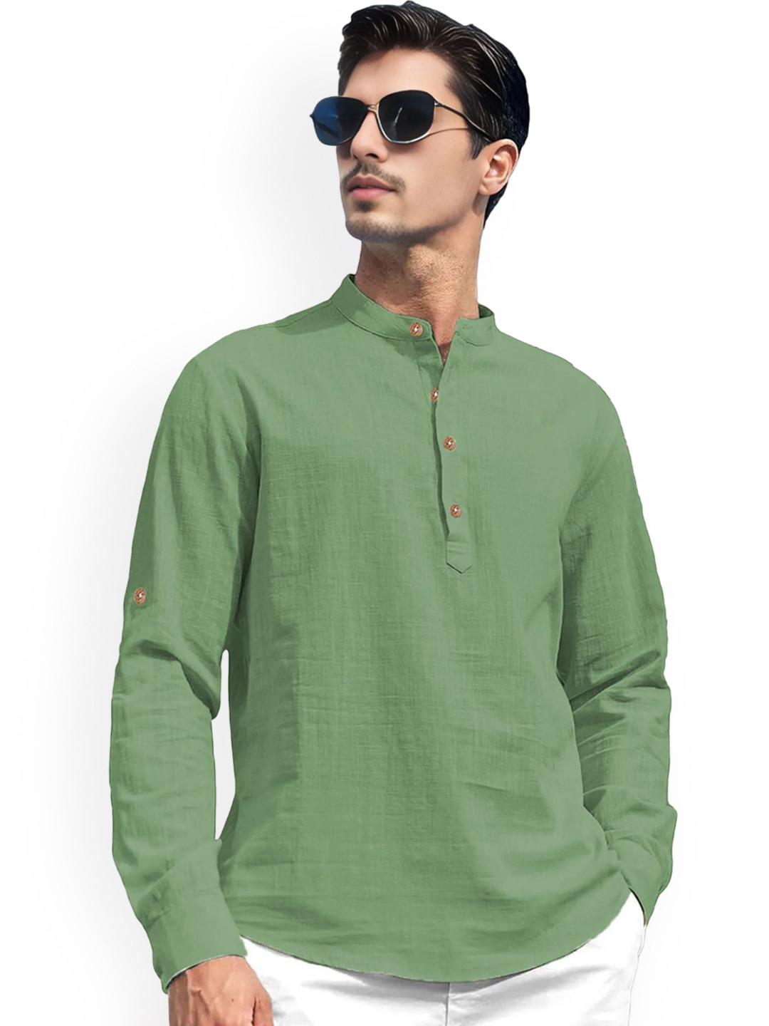 Vida Loca Band Collar Roll-Up Sleeves Pure Cotton Slim Fit Straight Short Kurta