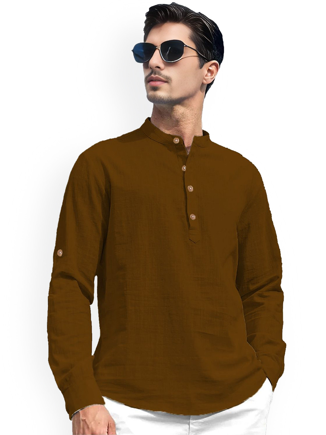Vida Loca Band Collar Roll-Up Sleeves Pure Cotton Slim Fit Straight Short Kurta
