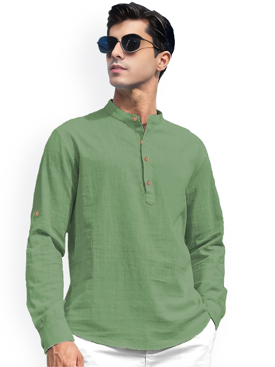Vida Loca Roll-Up Sleeves Band Collar Cotton Straight Short Kurta