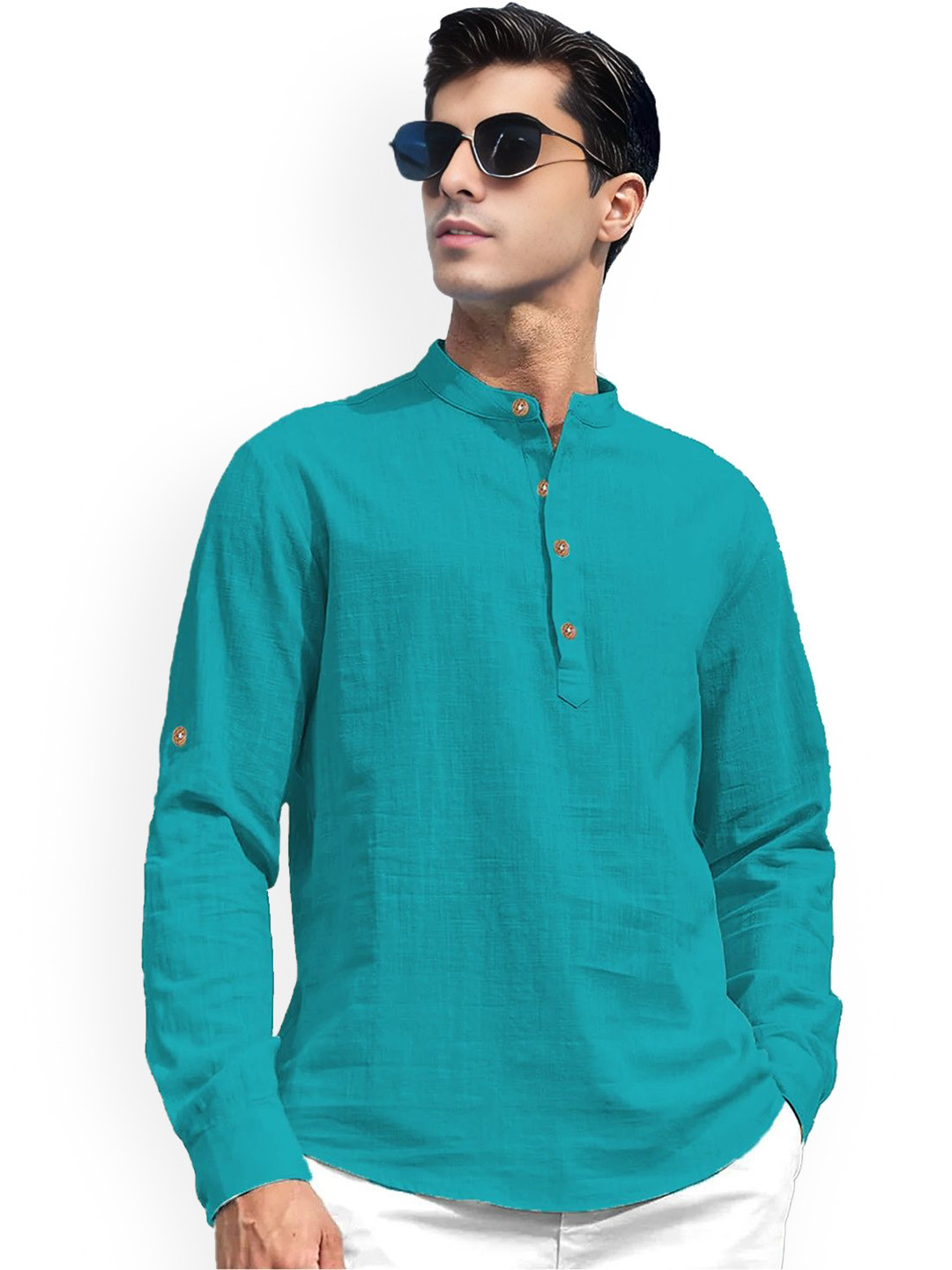 Vida Loca Band Collar Roll-Up Sleeves Pure Cotton Slim Fit Straight Short Kurta