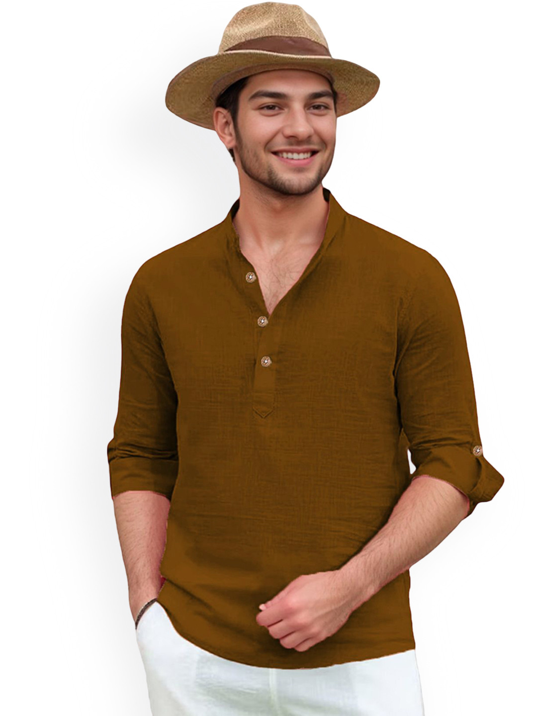 Vida Loca Band Collar Roll-Up Sleeves Pure Cotton Slim Fit Straight Short Kurta