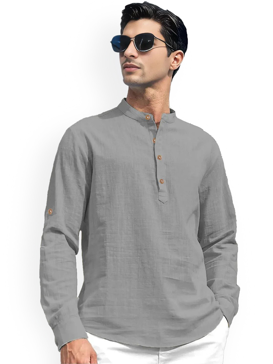 Vida Loca Roll-Up Sleeves Band Collar Cotton Straight Short Kurta