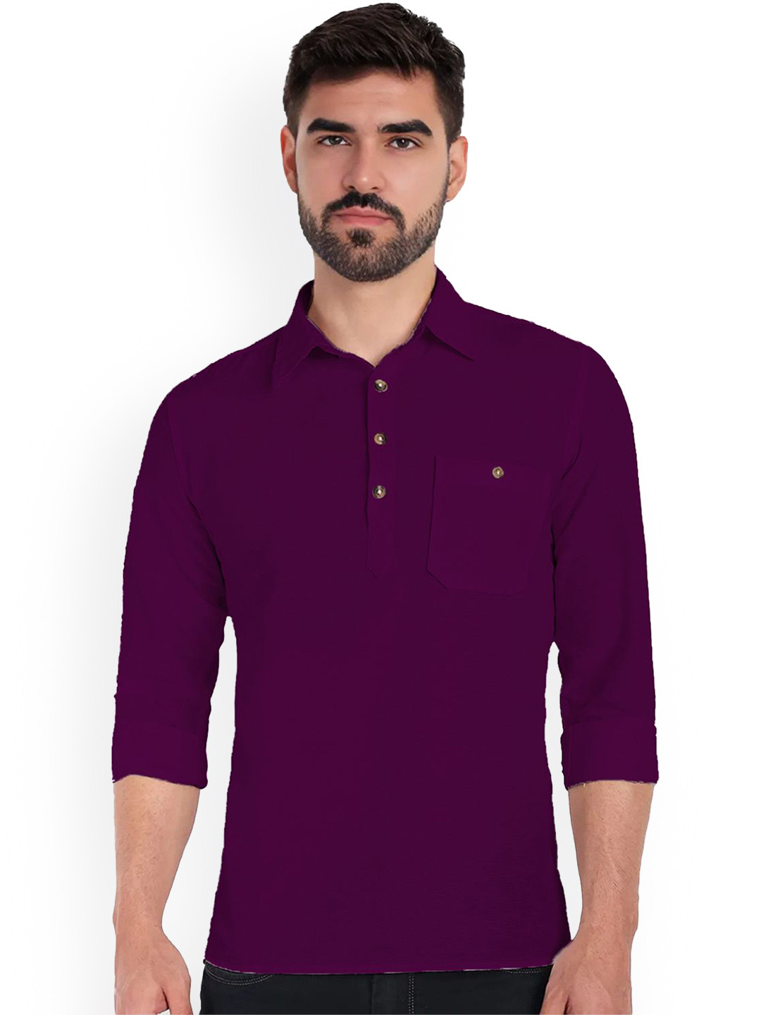 Vida Loca Shirt Collar Roll-Up Sleeves Pure Cotton Slim Fit Straight Short Kurta