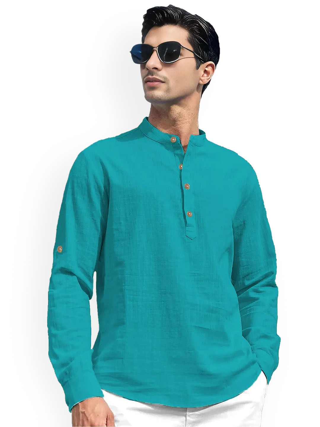 Vida Loca Band Collar Roll-Up Sleeves Pure Cotton Slim Fit Straight Short Kurta