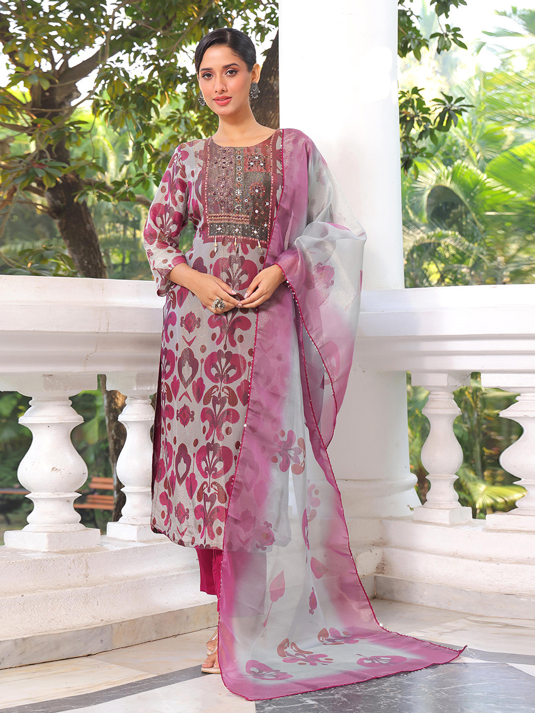 Anouk Magenta Floral Embroidered Mirror Work Straight Kurta With Trousers And Dupatta