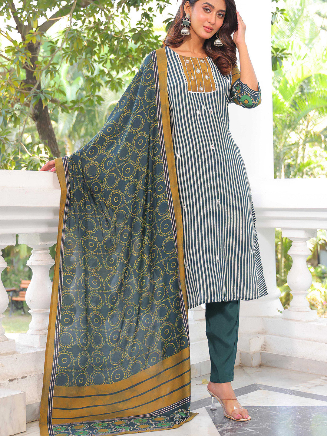 Anouk Teal Striped Mirror Work Straight Kurta With Trousers And Dupatta