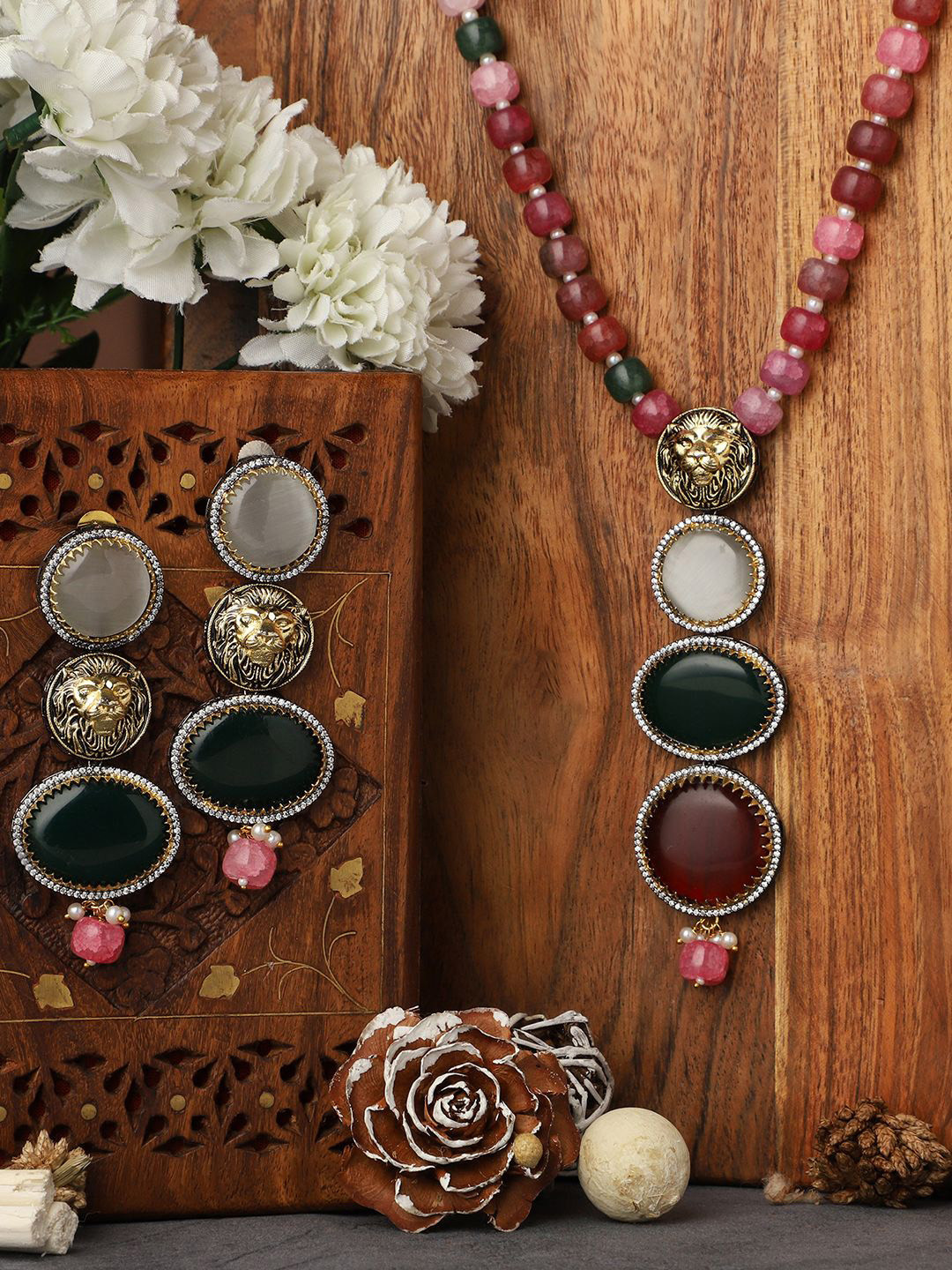 VENI 18K Gold Plated Kundan Stone Studded & Beaded Bagh Jewellery Set