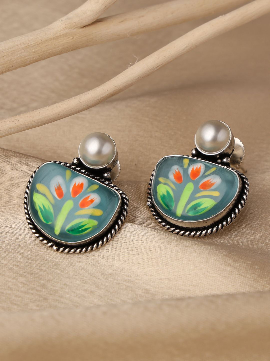 VENI 925 Silver-Plated Contemporary Shaped Oxidised Drop Earrings
