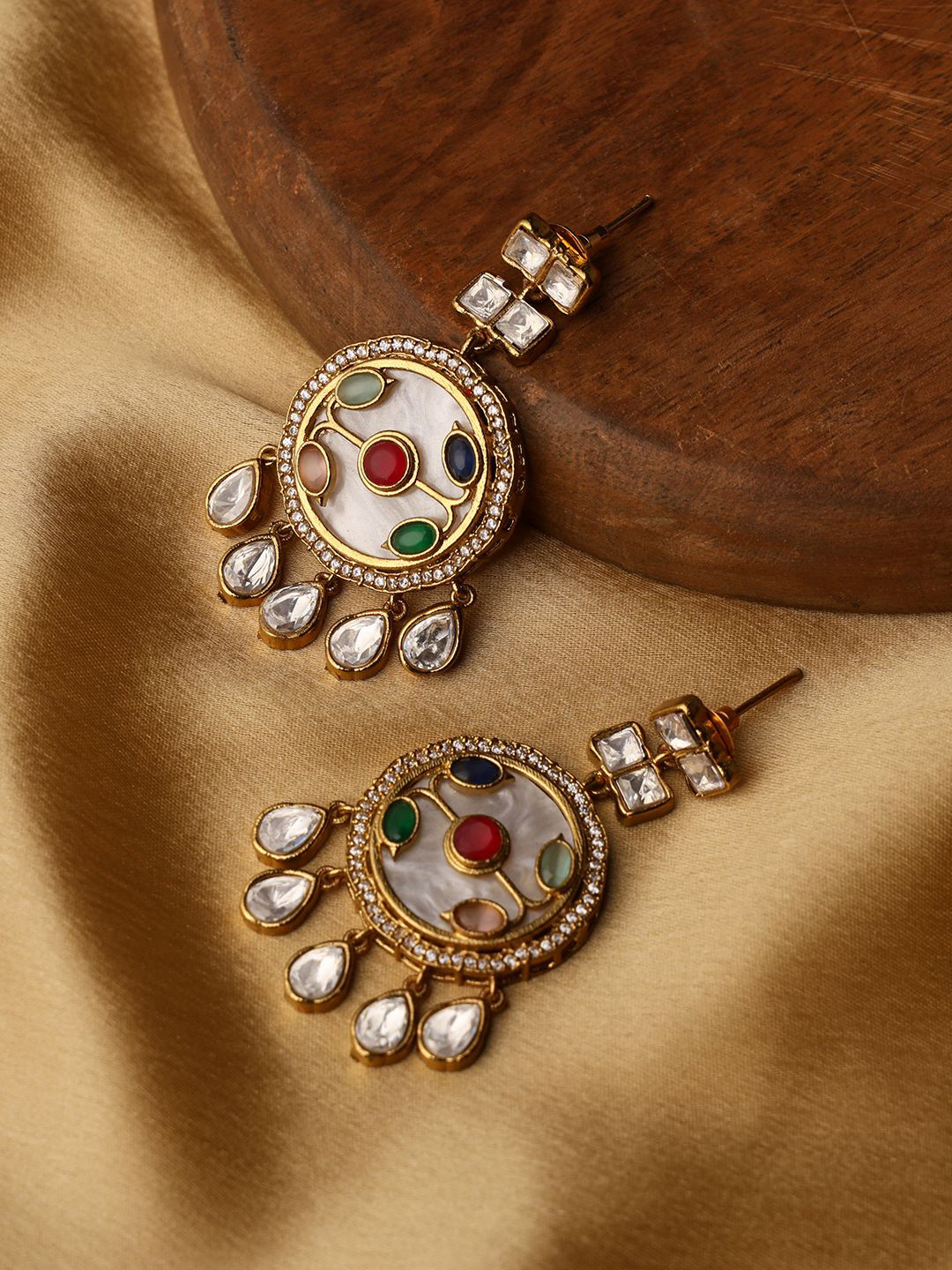 VENI Gold-Plated Artificial Stones Studded Circular Shaped Drop Earrings