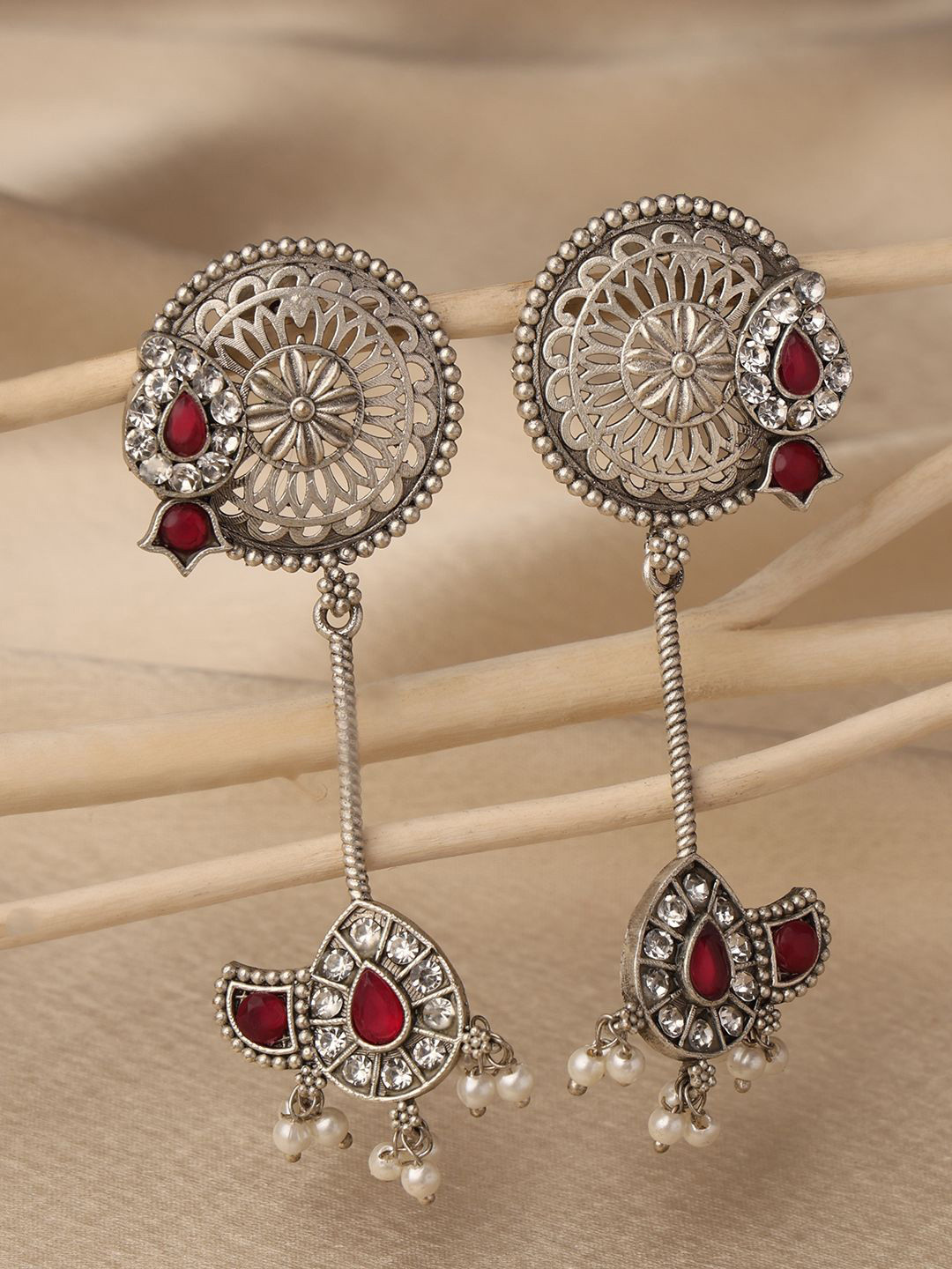 VENI 925 Sterling Silver-Plated Artificial Stone Studded Oxodised Drop Earrings
