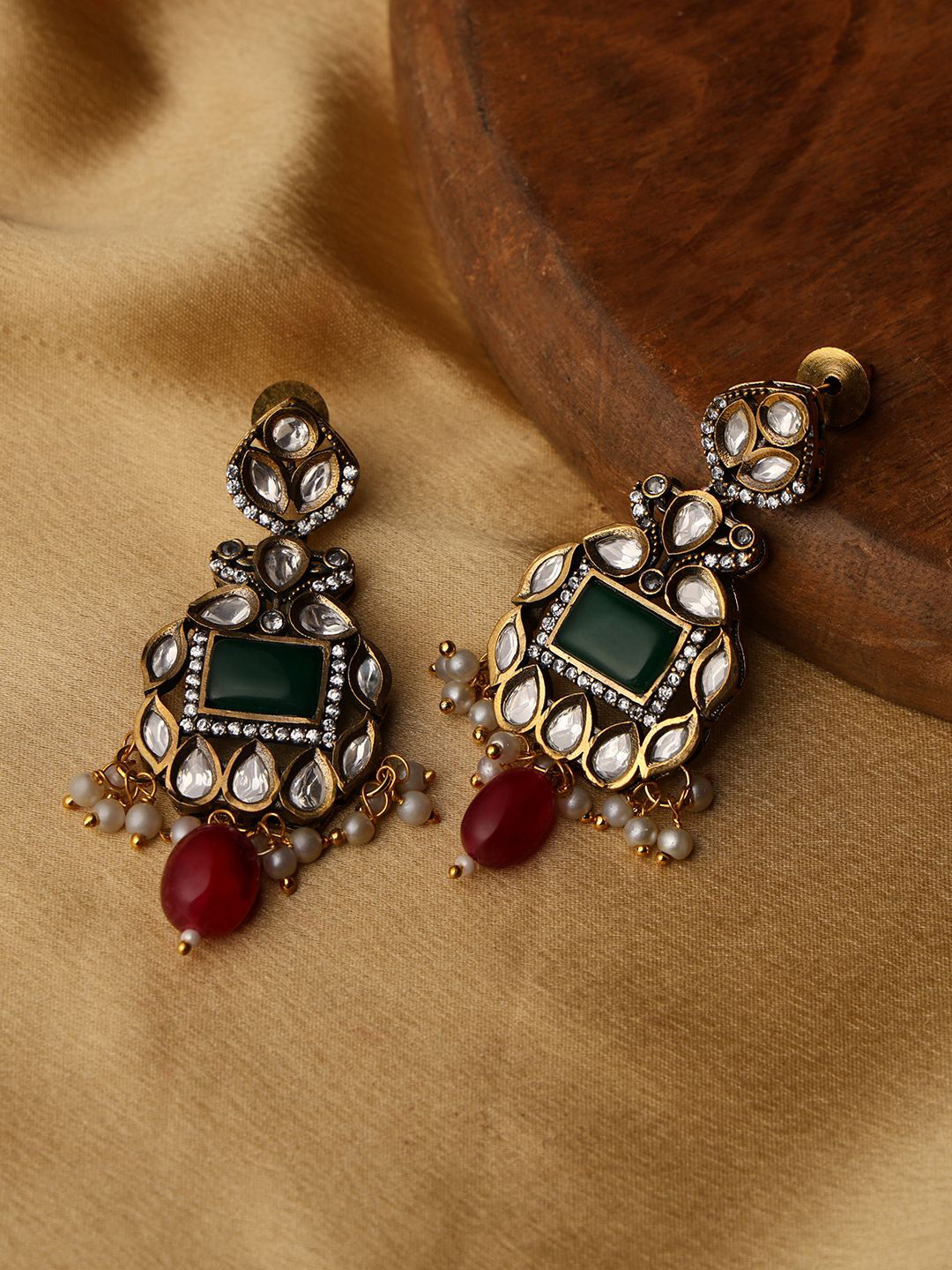 VENI 18K Gold Plated Artificial Stones Studded And Beaded Contemporary Drop Earrings