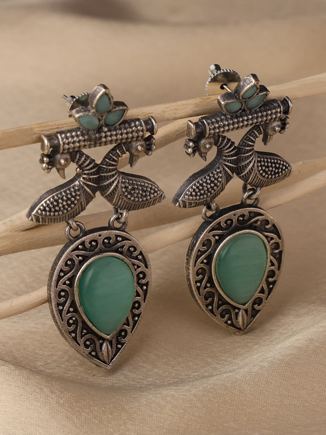 VENI 925 Sterling Silver-Plated Artificial Stones Studded Oxidised Drop Earrings