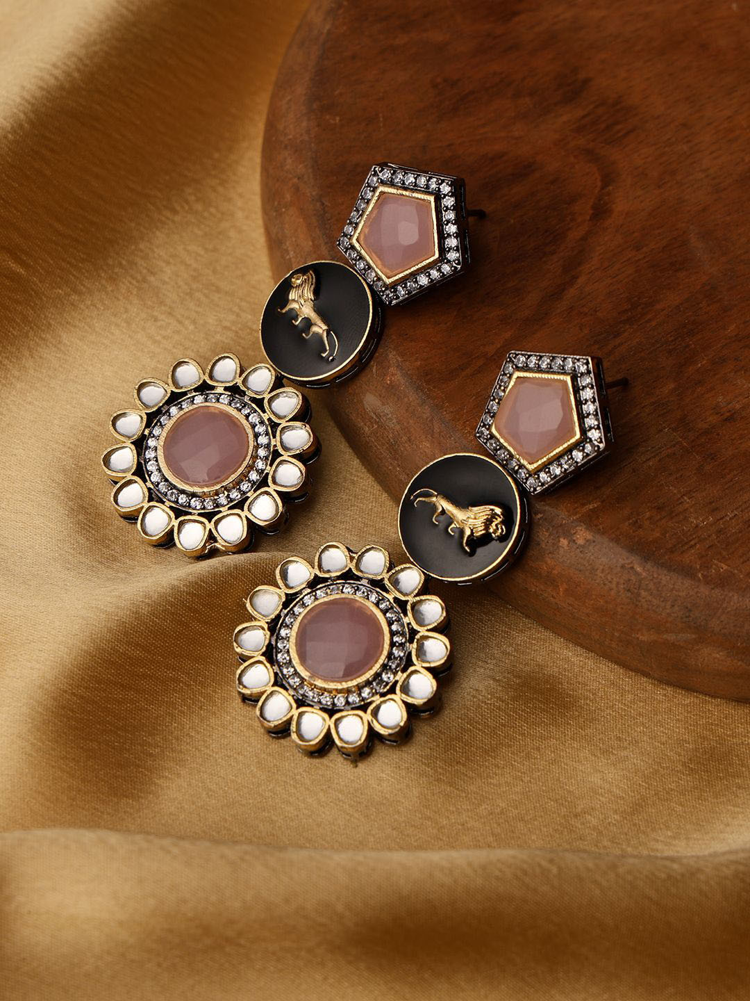 VENI Gold-Plated Artificial Stones Studded Contemporary Shaped Drop Earrings