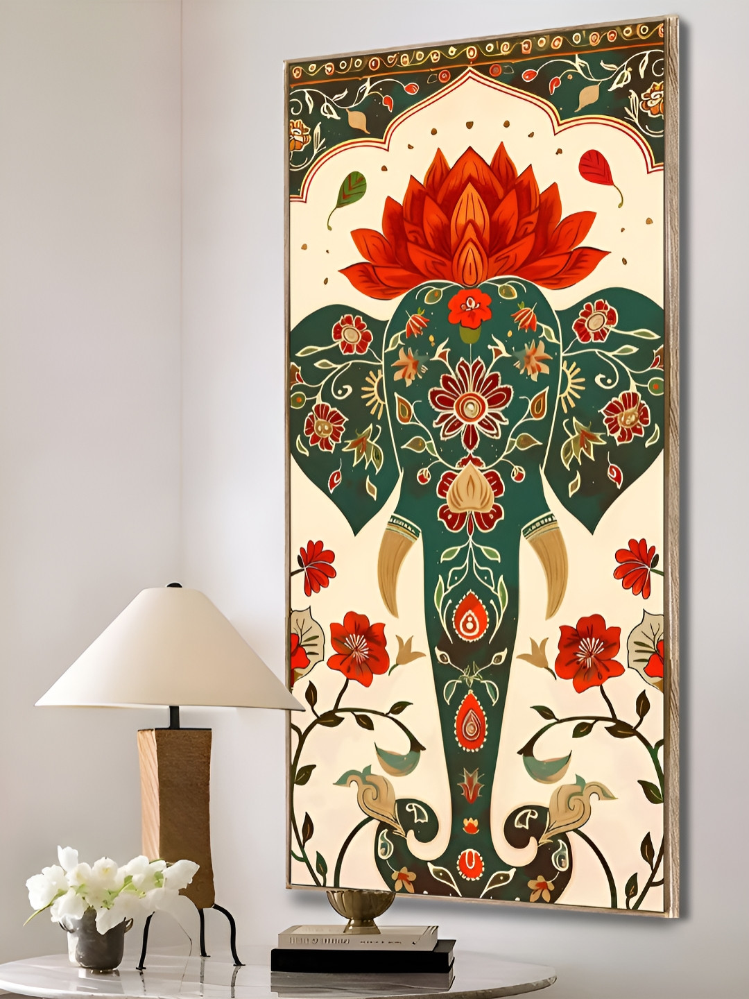 Art Street Green & Red Elephant Framed Canvas Wall Painting