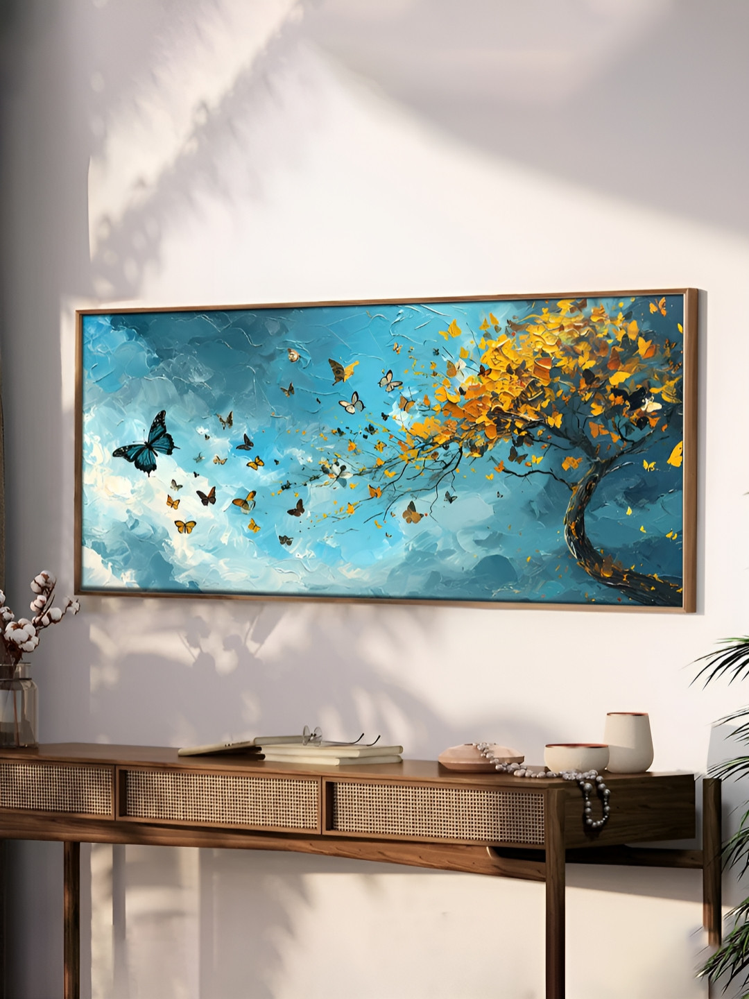 Art Street Blue & Yellow Butterfly Tree Framed Canvas Wall Painting