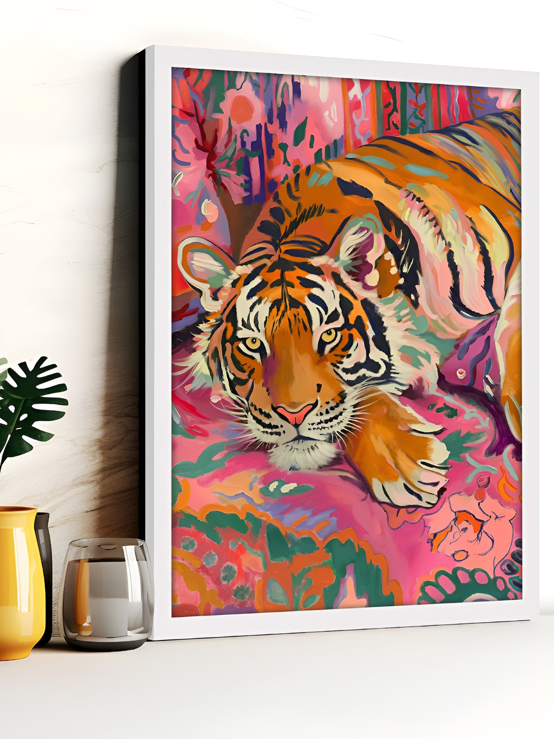 Art Street Pink & Brown Tiger Electric Synthetic Wood Wall Painting