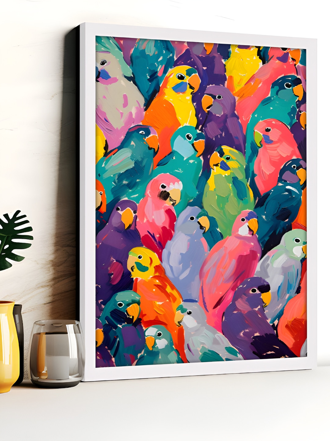 Art Street Green & Purple Colorful Pop Art Parrots Synthetic Wood Wall Painting