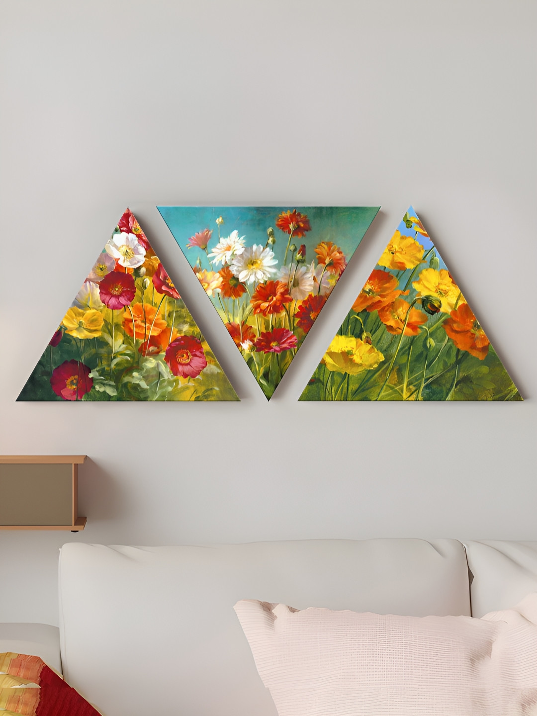 Art Street Green & Yellow 3 Pieces Poppies Flower Triangle Stretched Canvas Wall Paintings