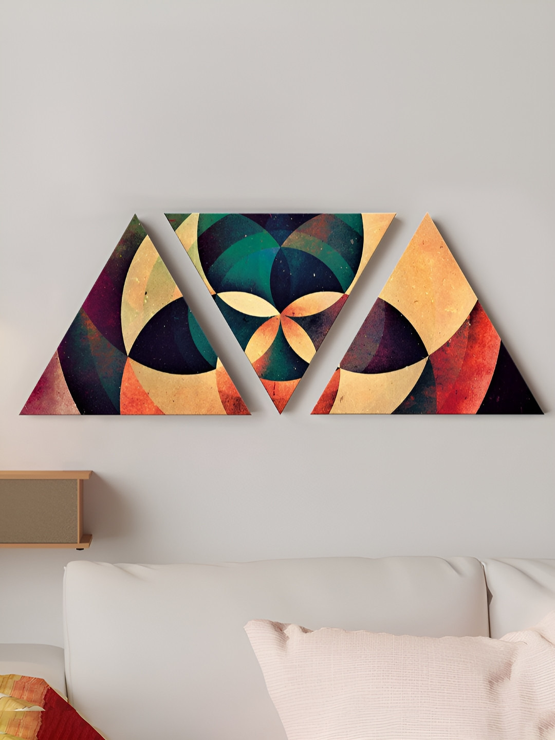 Art Street Beige & Green 3 Pieces Triangle Stretched Canvas Wall Paintings