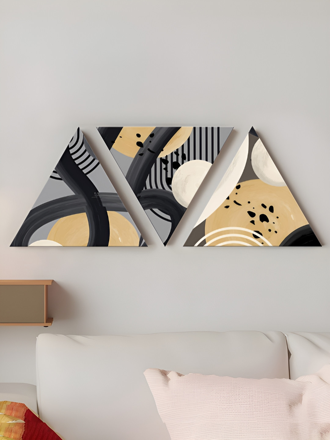 Art Street Black & Brown 3 Pieces Abstract Triangle Stretched Canvas Wall Paintings