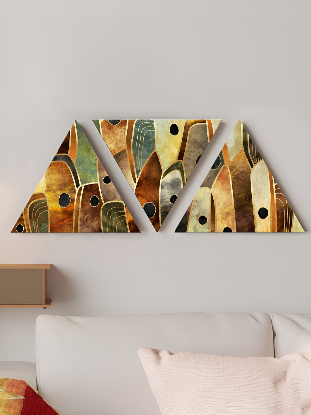 Art Street Gold-Toned & Green 3 Pieces Abstract Triangle Stretched Canvas Wall Paintings