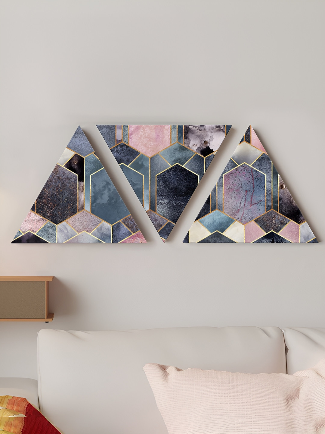 Art Street Blue & Pink 3 Pieces Geometric Cube Triangle Stretched Canvas Wall Paintings