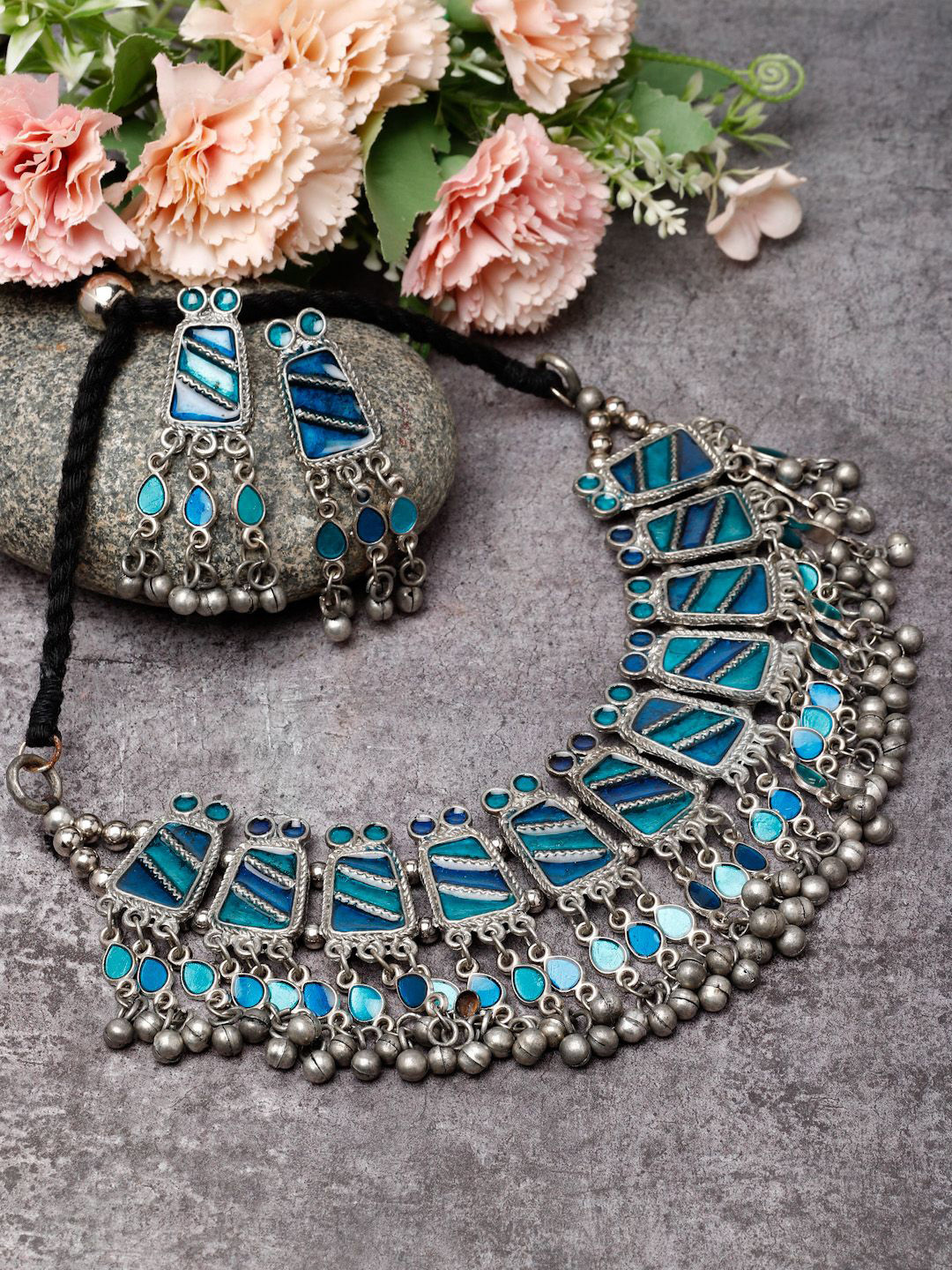 Moedbuille Sliver-Plated Stone-Studded Meenakari Work Tasselled Tribal Jewellery Set