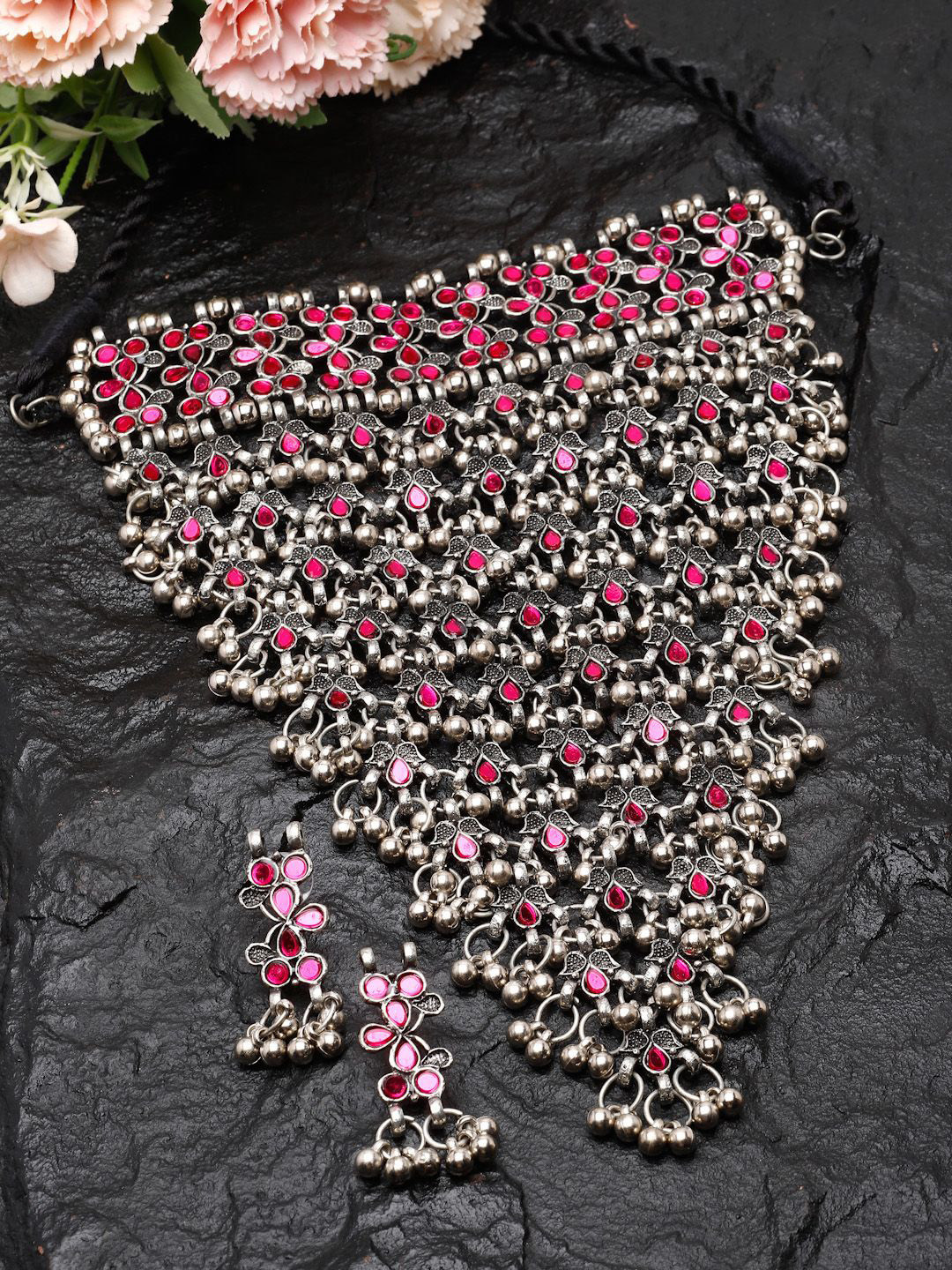 Moedbuille Silver-Plated Mirrors & Stones Studded Layered Tribal Oxidised Jewellery Set