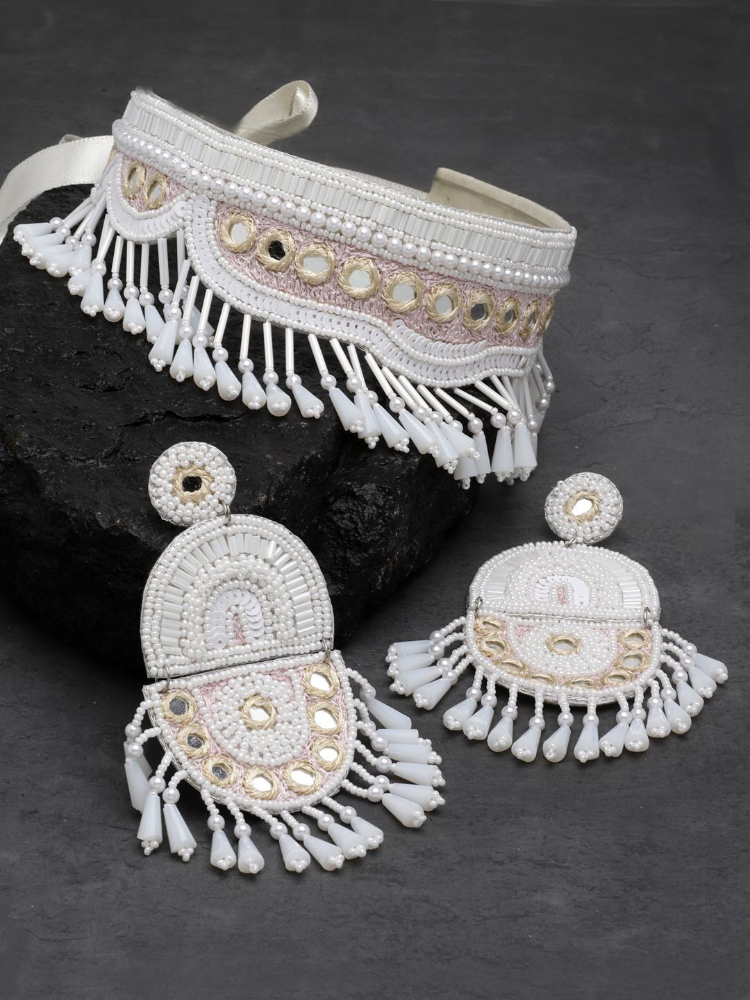 Moedbuille Silver Plated Mirrors Beads & Pearls Studded Contemporary Design Jewellery Set