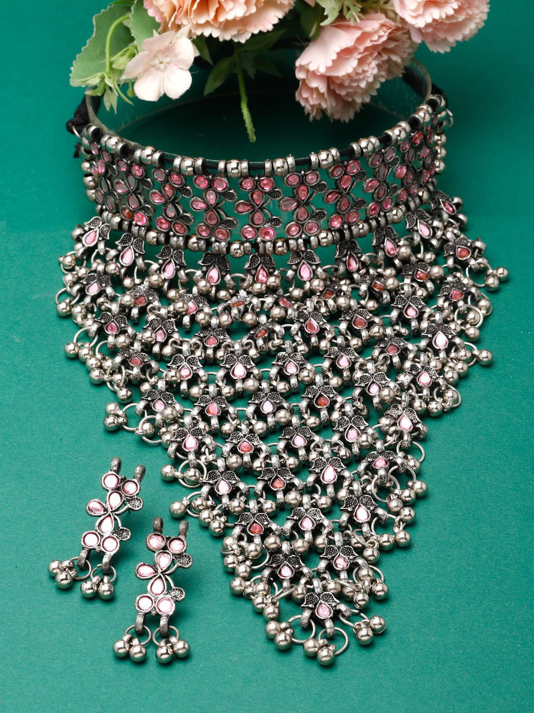 Moedbuille Silver-Plated Crystals Mirrors Layered Tribal Design Oxidised Jewellery Set