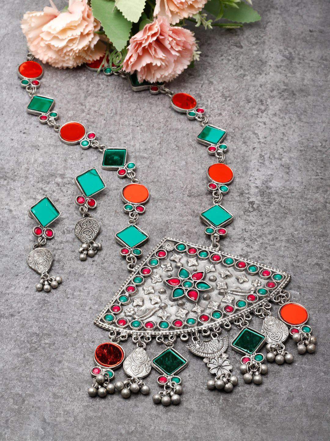 Moedbuille Silver-Plated Mirrors & Crystals Studded Tribal Design Oxidised Jewellery Set