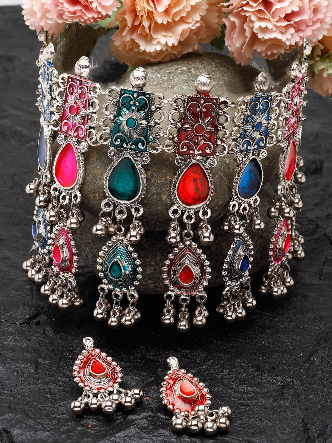 Moedbuille Silver-Plated Stone-Studded Tasselled Afghan Design Meenakari Jewellery Set