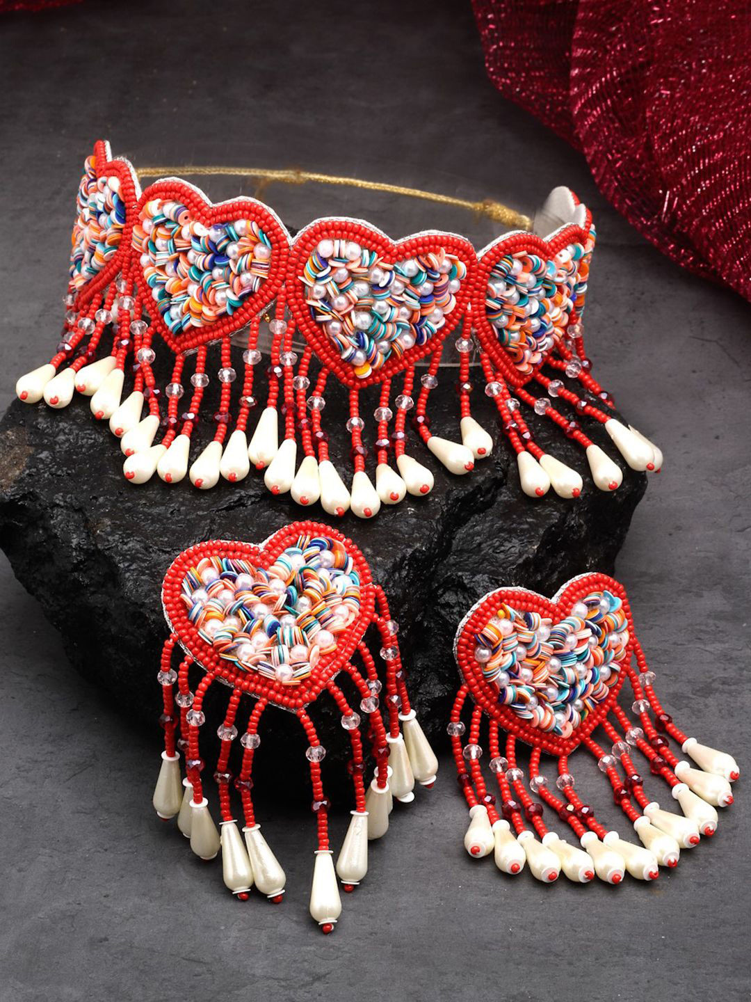 Moedbuille Sliver-Plated Stone-Studded & Pearls Sequins Beaded Contemporary Jewellery Set