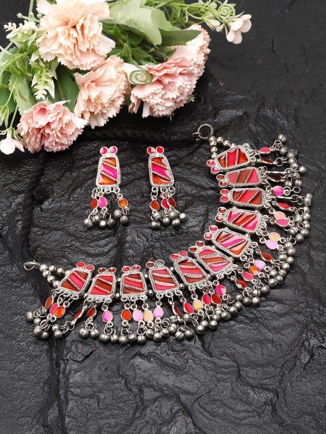 Moedbuille Silver-Plated Stone-Studded Meenakari Tasselled Tribal Design Jewellery Set