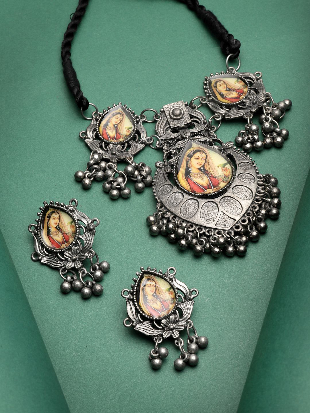 Moedbuille Silver-Plated Stone-Studded Tribal Design Oxidised Picture Jewellery Set