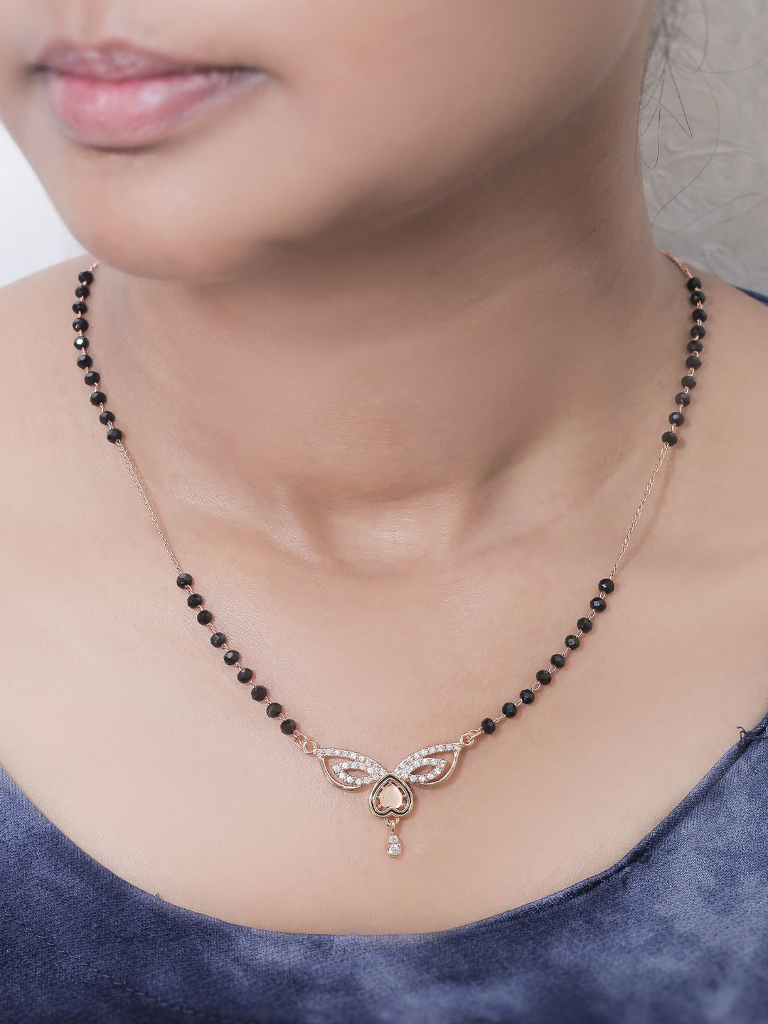 SOLIBELLE Luxury 18KT Rose Gold-Plated American Diamond Studded & Beaded Mangalsutra